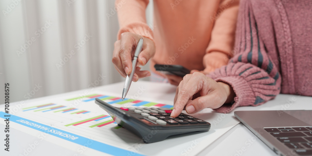Fototapeta premium two individuals are engaged in accounting work. One person is wearing a pink sweater, and they both are reviewing financial charts and graphs, likely for a small business.
