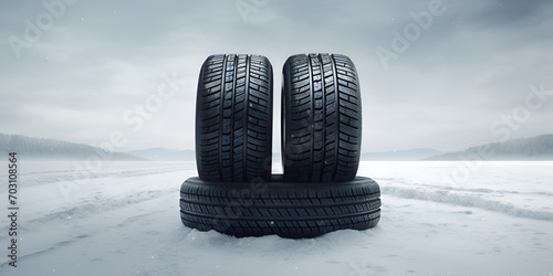 winter tyre cover on Lights on blue and snow background.AI Generative photo