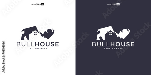 buffalo bull bison with house logo design vector icon silhouette illustration