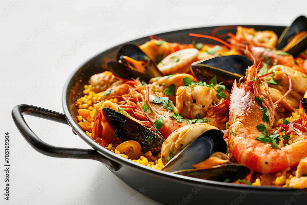 A paella a traditional Spanish dish against a bright white background