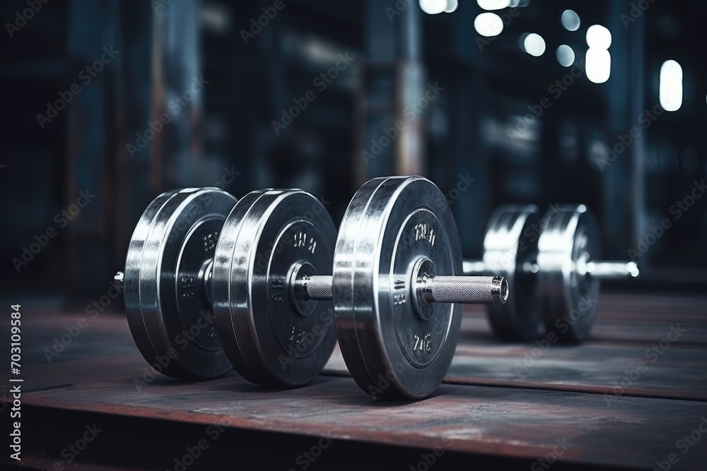 Dumbbells in a row in a modern fitness club, Metal dumbbells lying in the gym fitness club, AI Generated
