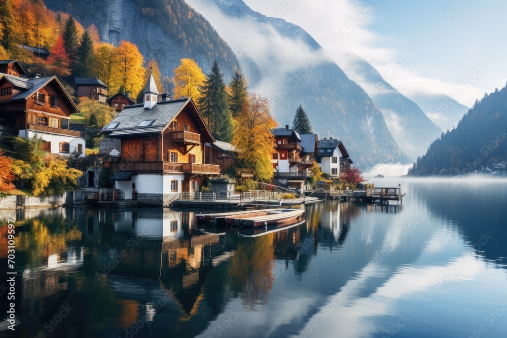 Fototapeta premium Hallstatt village on the lake in autumn, Austria. Beautiful alpine landscape, Misty autumn scene of Hallstatt lake, Splendid morning view of Hallstatt village, AI Generated