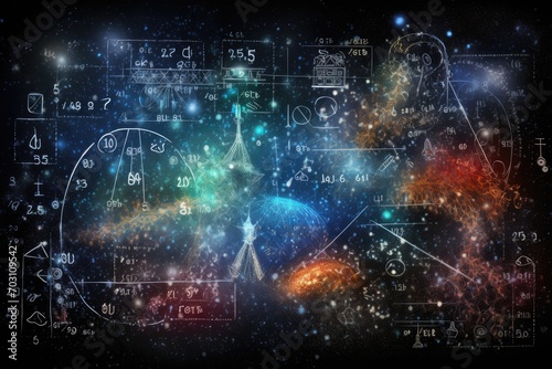 Planets and galaxies in outer space. Elements of this image furnished by NASA, Mathematical and physical formulas against the backdrop of a galaxy in the universe, AI Generated