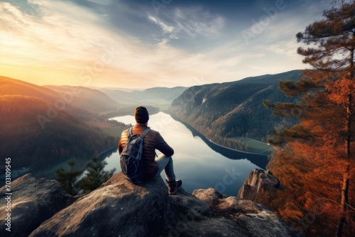 Hiker with backpack sitting on the edge of cliff and enjoying beautiful view of lake, Man sitting on a cliff edge alone enjoying the aerial view of backpacking lifestyle travel, AI Generated