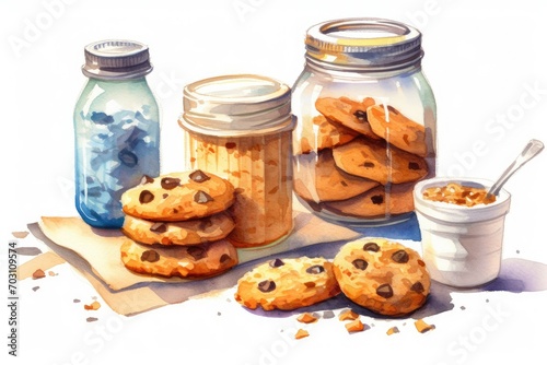  Homemade cookies with pieces of chocolate in watercolor style. Sweets, the recipe.
