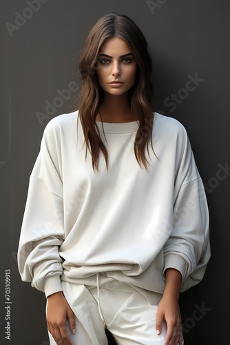 A modern and minimalist image showcasing a model in a white oversized sweater and black leggings, the clean lines of her outfit complementing the white wall behind her.