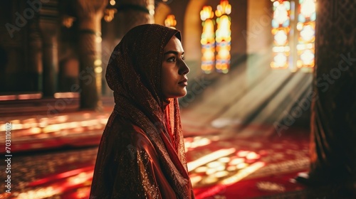 Young muslim woman prayer hijab pray to God on blur mosque background concept for eid mubarak, life and soul fasting of international islamic ramadan sunlight