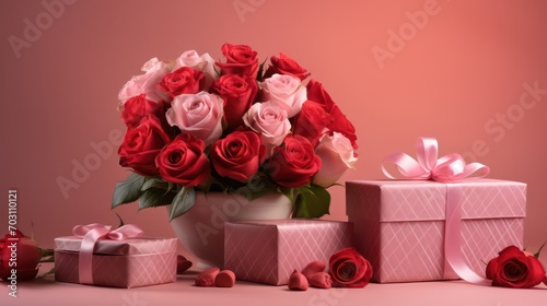 Valentine s gift and roses on a pink background