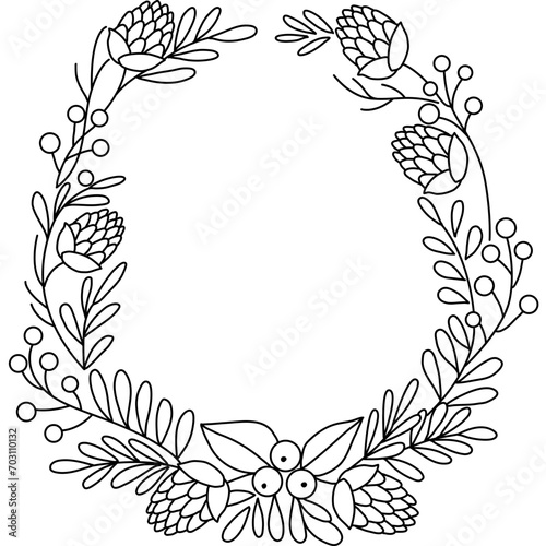 Doodle boho flower wreath a boho style floral wreath that is hand drawn with simple  elegant lines. beautiful elements like tinsel  garland  and circular flower arrangements.