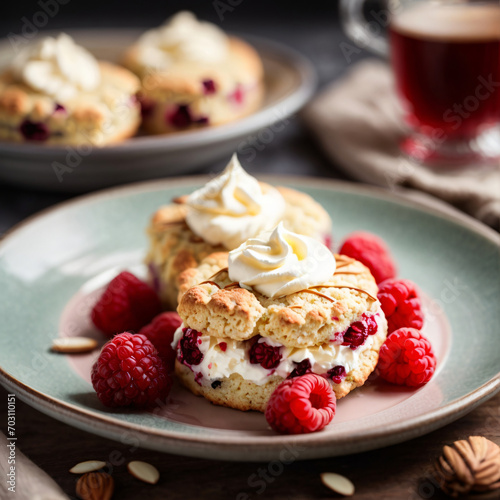 Raspberry Almond Scones with Clotted Cream - Delicate Pastry Perfection