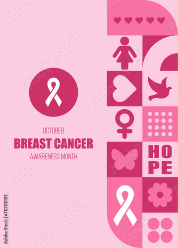 Breast Cancer Awareness Month. Minimal vintage 20s geometric design poster with pink primitive shapes elements. Neo geometrical pattern. Vector illustration in bauhaus minimalist style.
