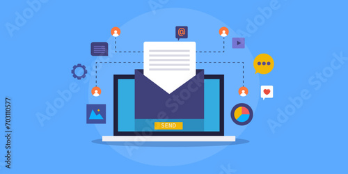 Email software solution managing and execute digital marketing campaign, reaching customer, message delivery, tracking CTA rate, data analytics conceptual vector illustration.