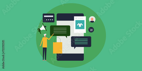People interacting with message application, ecommerce offers, online shopping from mobile chat app. Digital business technology vector illustration.
