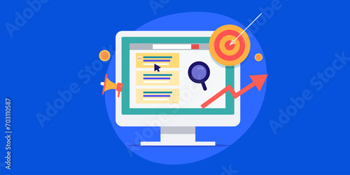 Online digital ad campaign, targeted ppc advertising cursor on contextual sponsored listing, internet marketing business opportunity, vector illustration web banner. 