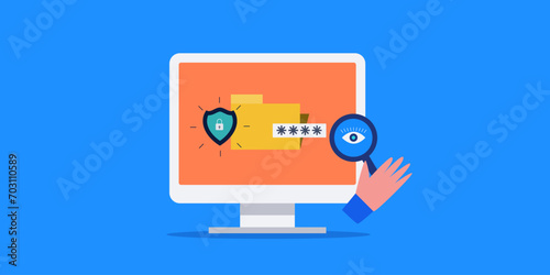 Cyber security encryption technology protecting data from internet spyware conceptual vector illustration web banner.