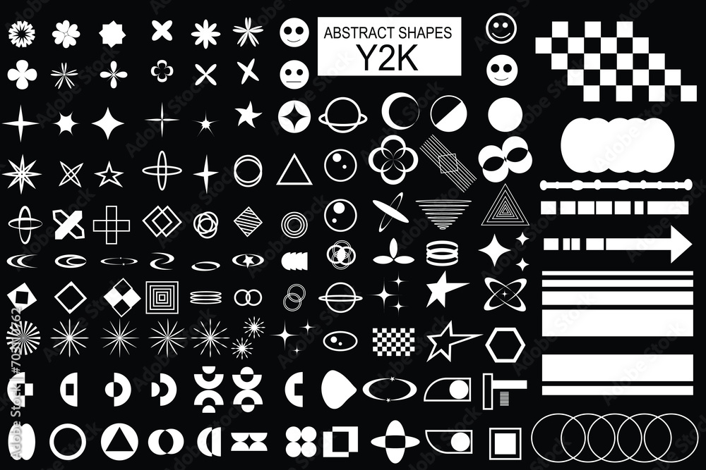 Set of Abstract geometric Y2k shapes trending retro futuristic design elements, infographic shapes. Modern trendy concept with symbols and objects. Retro futuristic Vector illustration for UI 1 2 Set of Abstract geometric Y2k shapes trending retro futuristic design elements, infographic shapes. Modern trendy concept with symbols and objects. Retro futuristic Vector illustration for UI 1 2