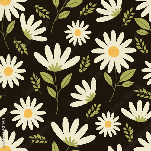 Floral Seamless Pattern with Simple Chamomile Flower Isolated on Black Background