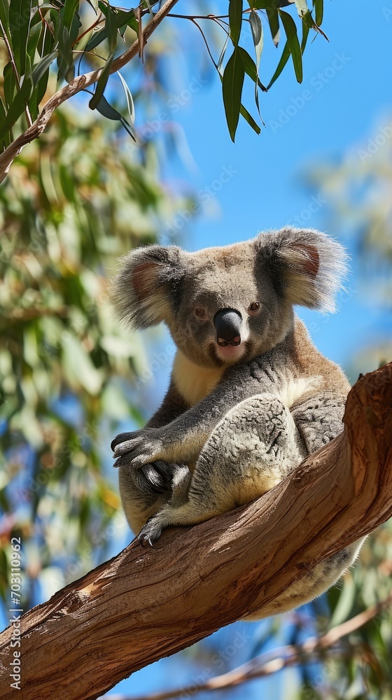 Fototapeta premium A Peaceful Koala nestled in Eucalyptus Tree in the Heart of the Australian Bushland Background - The Sky above is Blue, Relax - Beautiful Koala Wallpaper created with Generative AI Technology