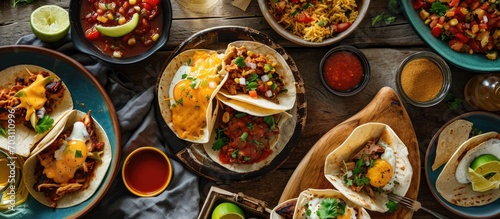 Mexican breakfast with tacos, eggs, and assorted dishes. photo