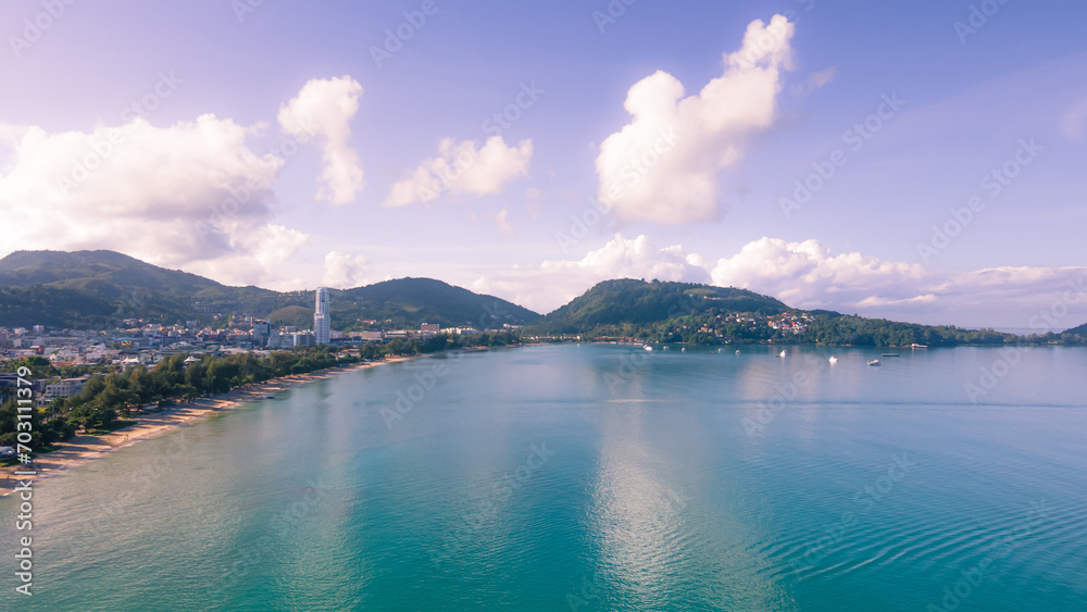 Patong Beach Popular places. afternoon light sky and blue ocean are on the back of white Phuket sea is the one of landmarks on Phuket island Thailand.