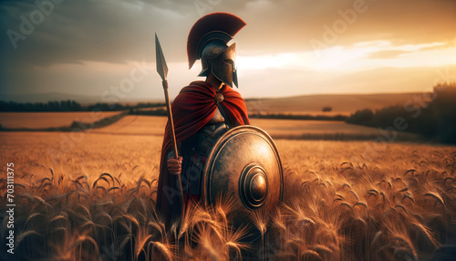 A Spartan soldier stands with a spear and shield in a field, the Spartans became one of the most feared and formidable military forces in the Greek world photo
