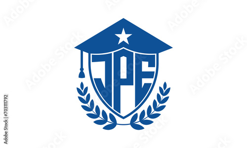 JPE three letter iconic academic logo design vector template. monogram, abstract, school, college, university, graduation cap symbol logo, shield, model, institute, educational, coaching canter, tech