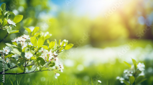 Spring has arrived with white blossoms on fresh green branches bathed in warm sunlight, signalling new beginnings.