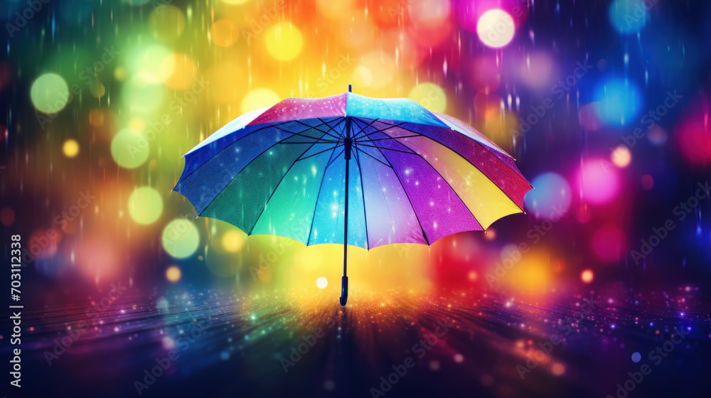 The colors of a rainbow umbrella are vividly illuminated against the bokeh effect of raindrops, creating a magical scene.