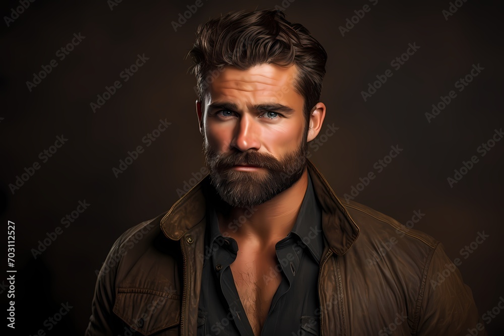 A smart and handsome young male model with a rugged beard, showcasing a trendy and masculine look, against a solid light brown background.