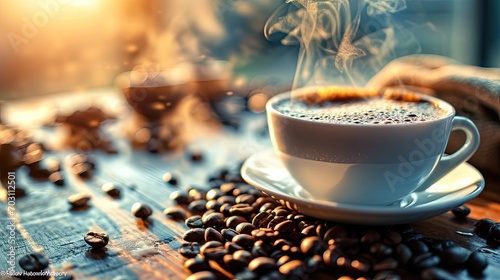 Hot espresso in white coffee cup. coffee beans and steam on wooden table. Cups on morning background