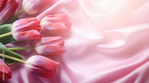 Soft pink tulips rest gently on a smooth, satin fabric background, evoking a delicate and romantic feel. #703112518