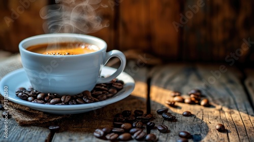 Hot espresso in white coffee cup. coffee beans and steam on wooden table. Cups on morning background