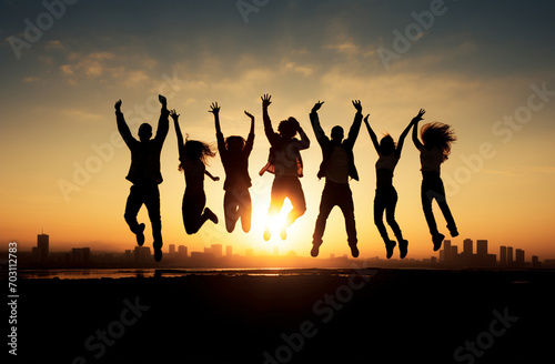 Capture the joyous moment as a silhouette of a group of teenagers leaps in happiness, marking their graduation ceremony with exuberance and celebration. Generative AI.