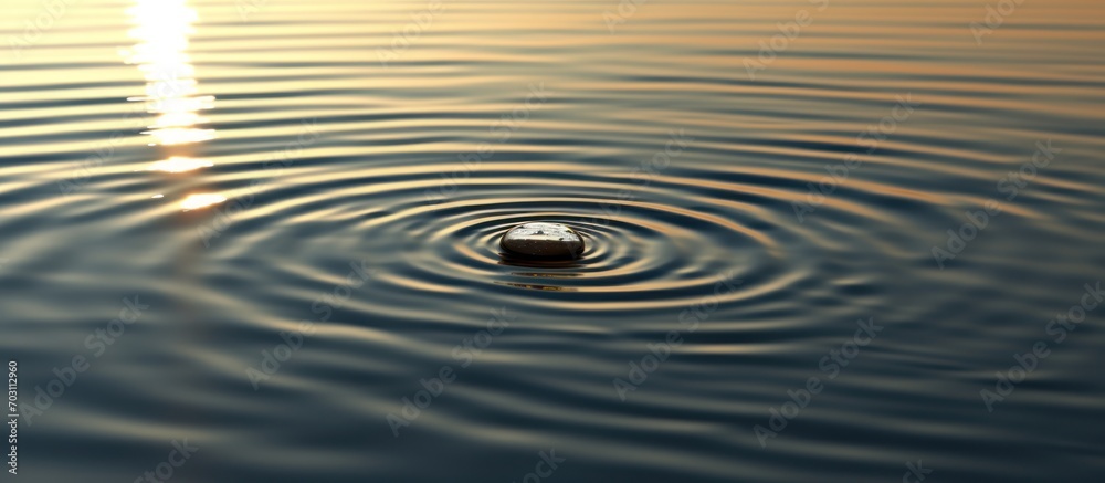 One Water drop Down on a wide calm Sea with ripples at sunset