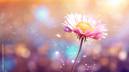 A solitary daisy with pink-tipped petals stands out with a warm, glowing bokeh effect in the background.