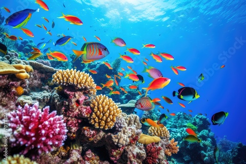 Colorful tropical coral reef with fishes and hard corals in blue water, Large school of fish on a tropical coral reef in the Red Sea, AI Generated © Ifti Digital