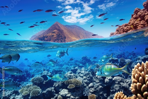 Underwater view of coral reef and tropical fish. 3D rendering, Large school of fish on a tropical coral reef in the Red Sea, AI Generated