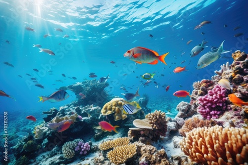 Coral reef and tropical fish in the Red Sea. Egypt, Large school of fish on a tropical coral reef in the Red Sea, AI Generated