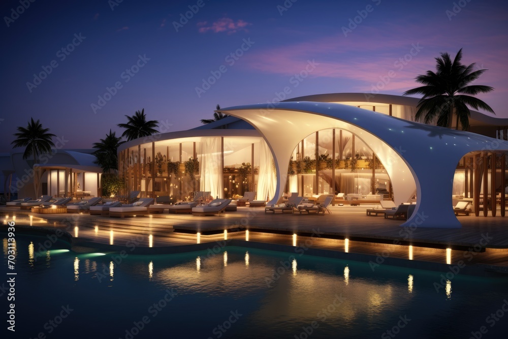Swimming pool in luxury hotel at night,3d render, Luxury beach resort, AI Generated