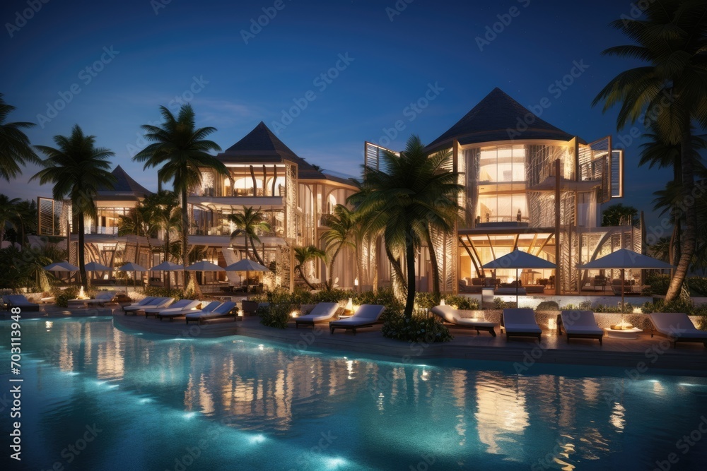 Swimming pool in luxury hotel resort with palm trees at night, Luxury beach resort, AI Generated