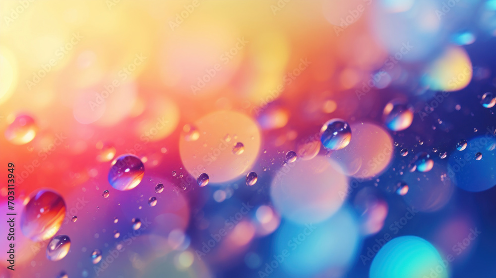 A close-up abstract of raindrops and colorful bokeh lights creating a dreamlike atmosphere on a vibrant surface.