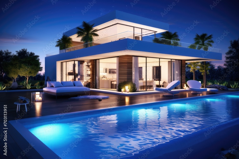3d rendering of modern cozy house with pool and parking for sale or rent in luxurious style. Sunset light, Luxury hotel lobby interior. 3d rendering, AI Generated