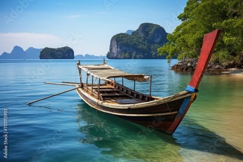 Longtail boat in Andaman sea  Krabi province  Thailand  Longtail boat anchored in the sea  with the landscape of the archipelago visible in the background  AI Generated