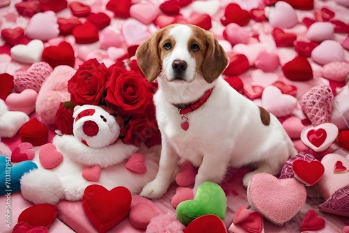 puppy and rose A heartwarming scene of a pet surrounded by Valentine's Day themed toys
puppy with roses
dog and rose