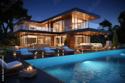 3d rendering of modern cozy house with pool and parking for sale or rent in luxurious style and beautiful landscaping on background. Clear summer night with many stars on the sky, AI Generated © Ifti Digital