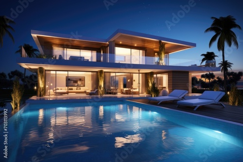 3d rendering of modern cozy house with pool and parking for sale or rent in luxurious style and beautiful landscaping on background. Clear summer night with many stars on the sky, AI Generated © Ifti Digital