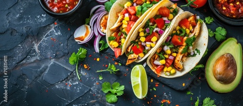 Black stone table, top view, showcasing traditional Mexican and Latin American street food: grilled chicken tacos with avocado, corn, tomato, onion, cilantro, and salsa.