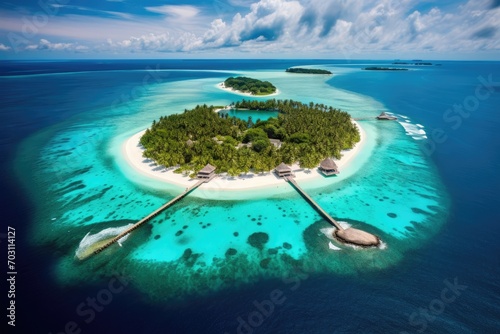 Small island in Maldives with few palm trees and blue lagoon, Maldives Islands Tropical, AI Generated