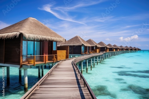 tropical beach in Maldives with few palm trees and blue lagoon, Maldives water bungalows, AI Generated © Ifti Digital
