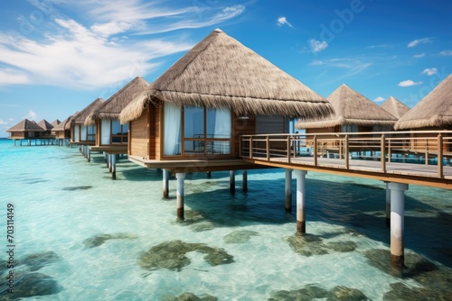 tropical beach in Maldives with few palm trees and blue lagoon, Maldives water bungalows, AI Generated
